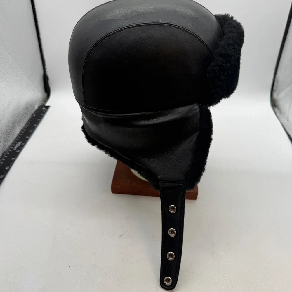 Wolverine Black Leather Trapper Hat Faux Fur Ear Flaps Water Repellent large